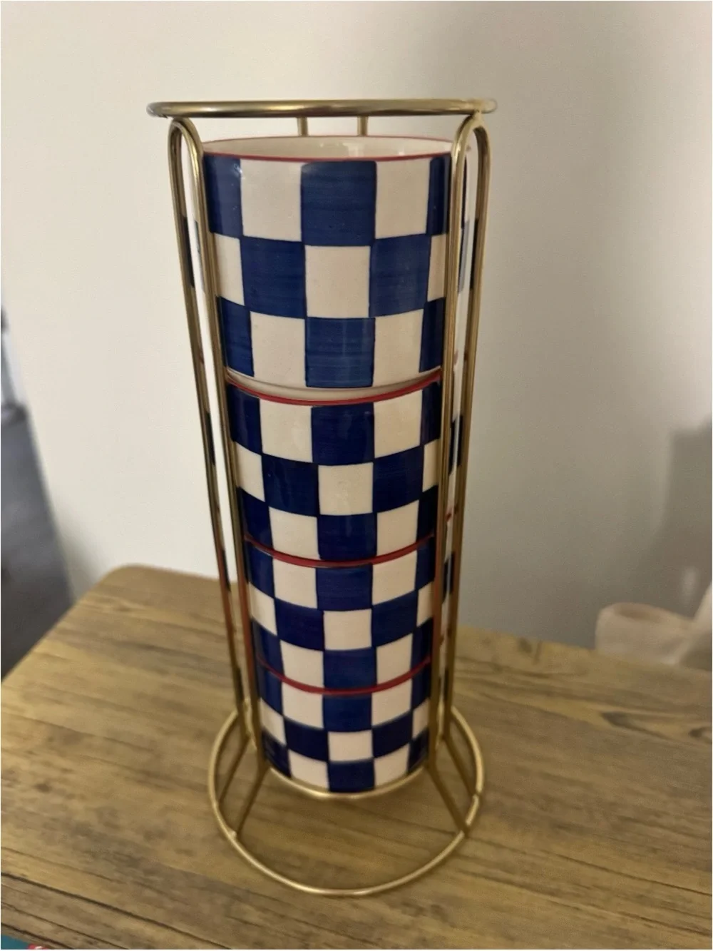 Homegoods Blue Checkered Mug Set with Gold Stand